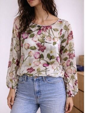 Club Monaco Sheer Floral Rose Print Top small Garden Party Spring Romantic